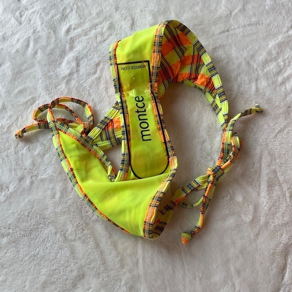 New! Montce neon plaid tie-up side tie bikini bottom Brazilian 19335 - Picture 12 of 13
